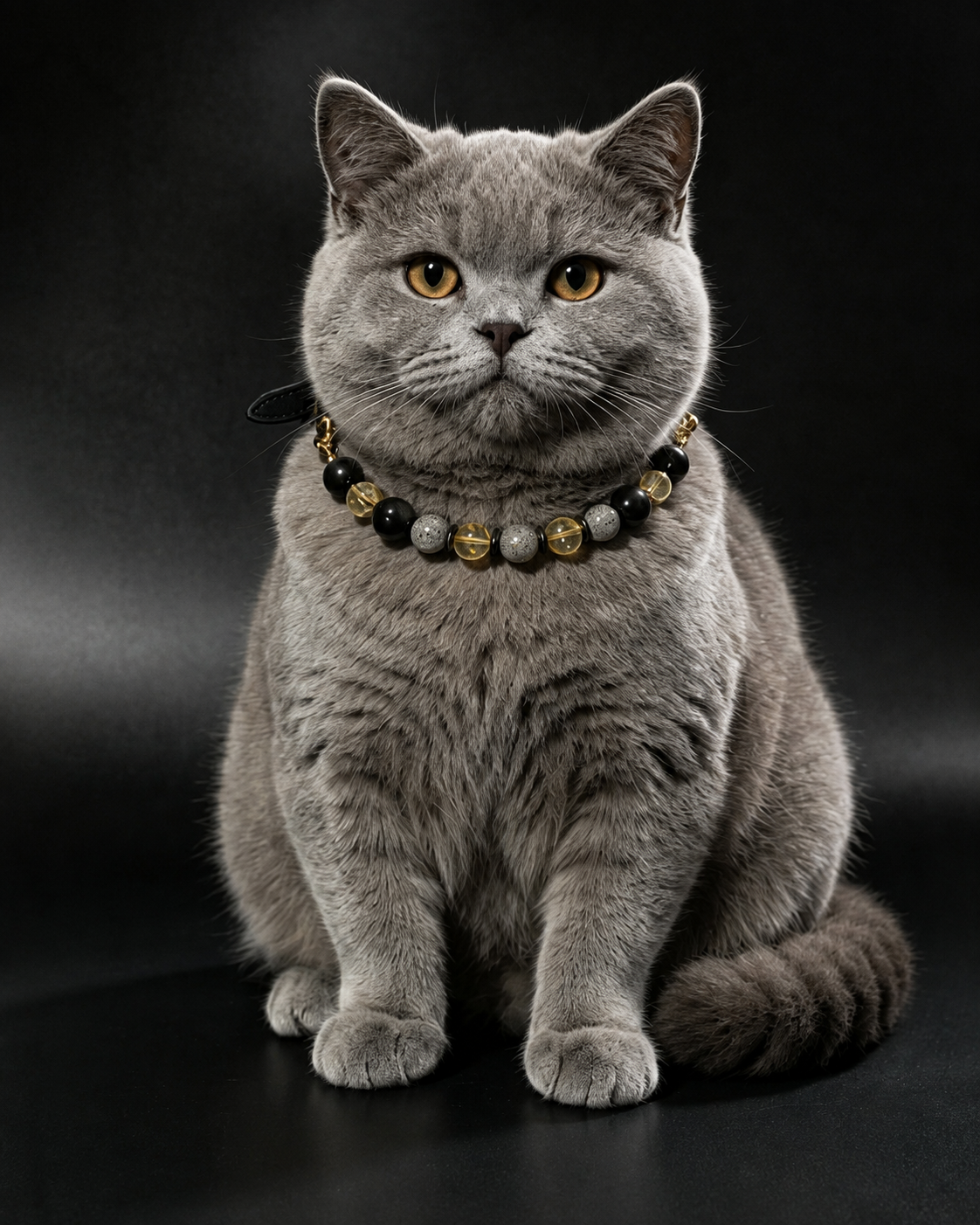 Gray cat wearing a Midnight Gold crystal pet collar with black, gray and yellow beads