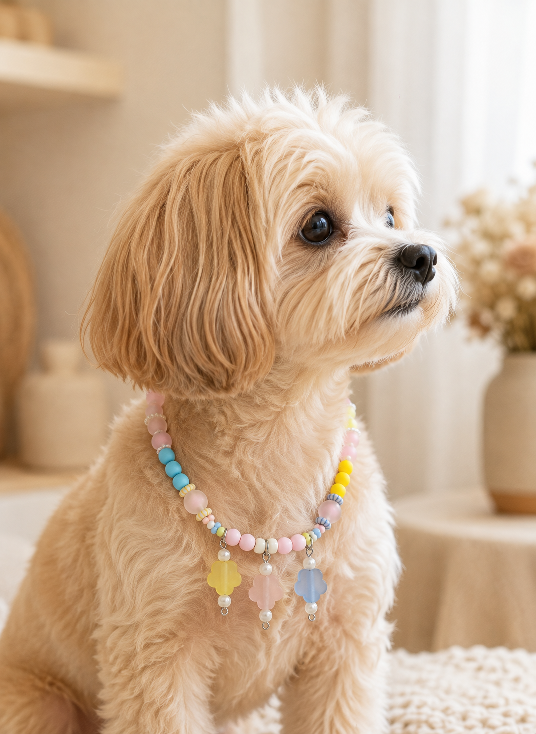 Side portrait of a small dog wearing the Pastel Bloom beaded pet necklace