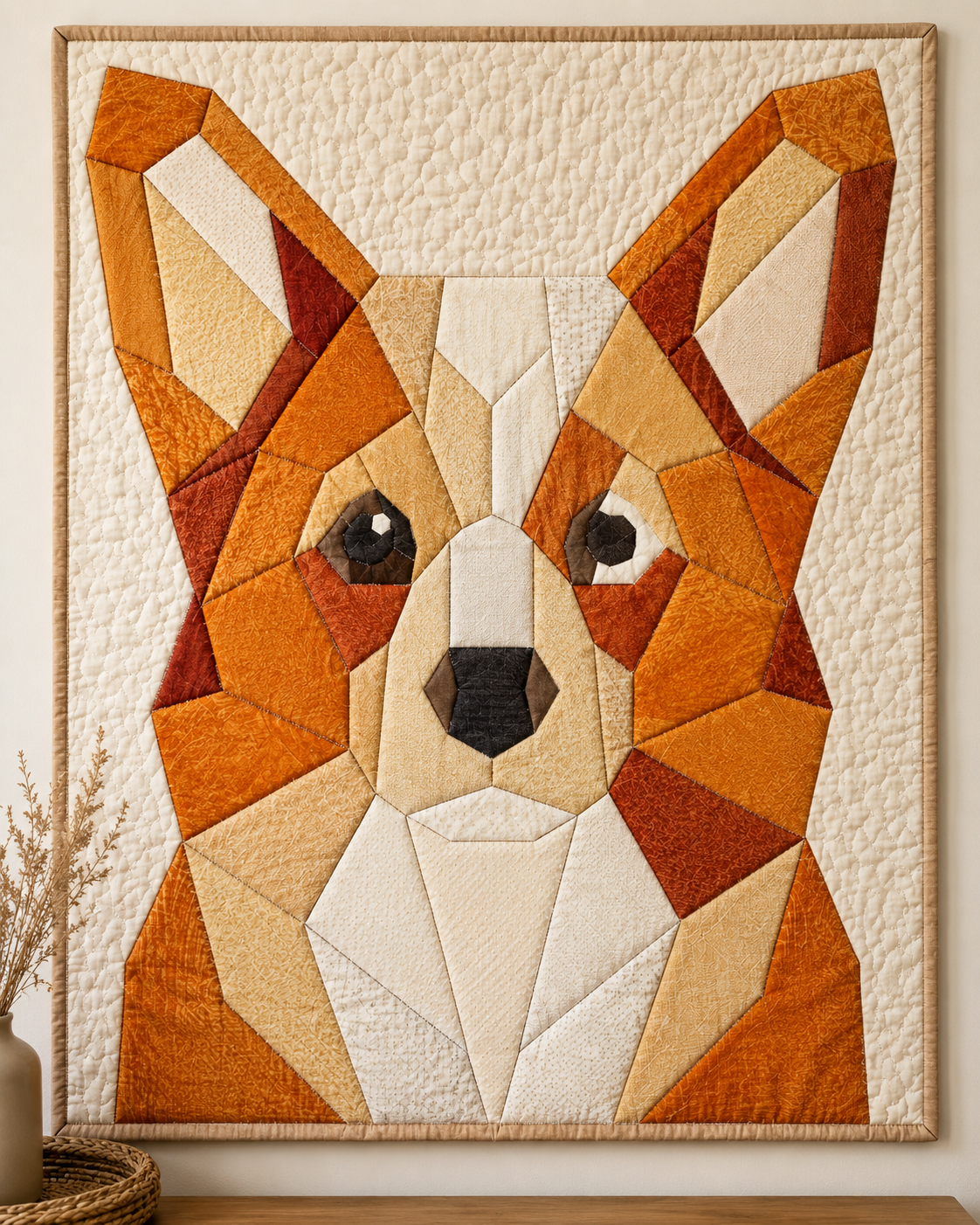 A geometric quilted wall hanging featuring a stylized corgi dog face made of stitched fabric shapes in cream, tan, orange, and brown, shown hanging on a wall above a small tabletop with a vase and dried stems.