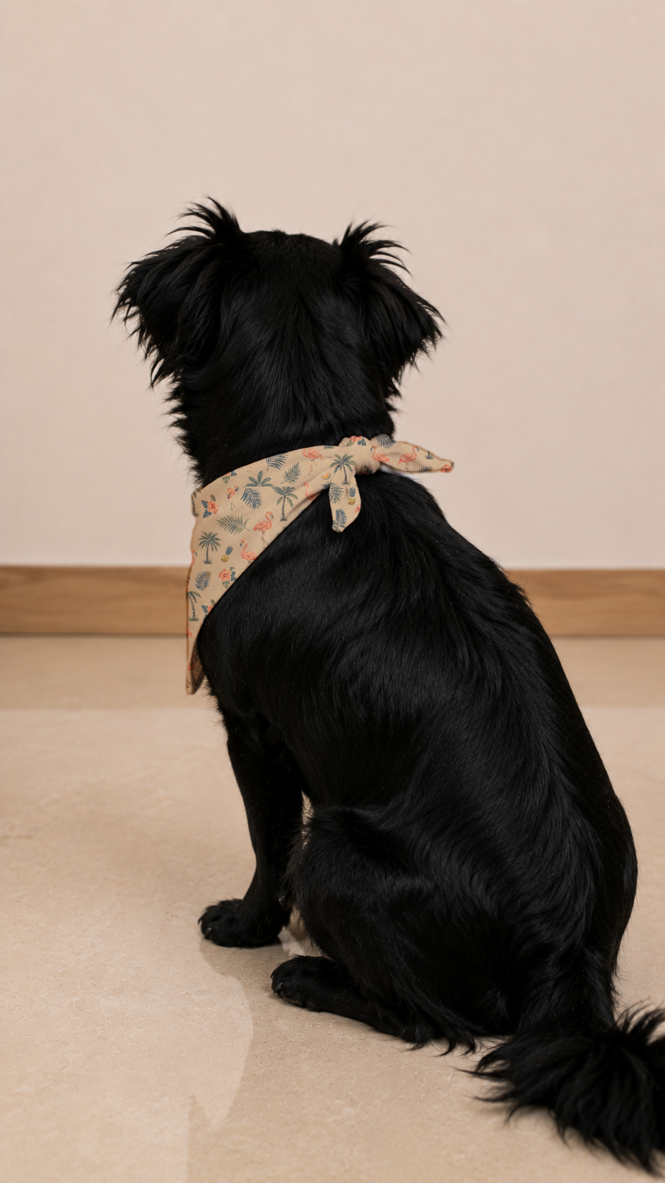 A black dog sitting on a beige tiled floor indoors, wearing a patterned beige bandana around its neck.