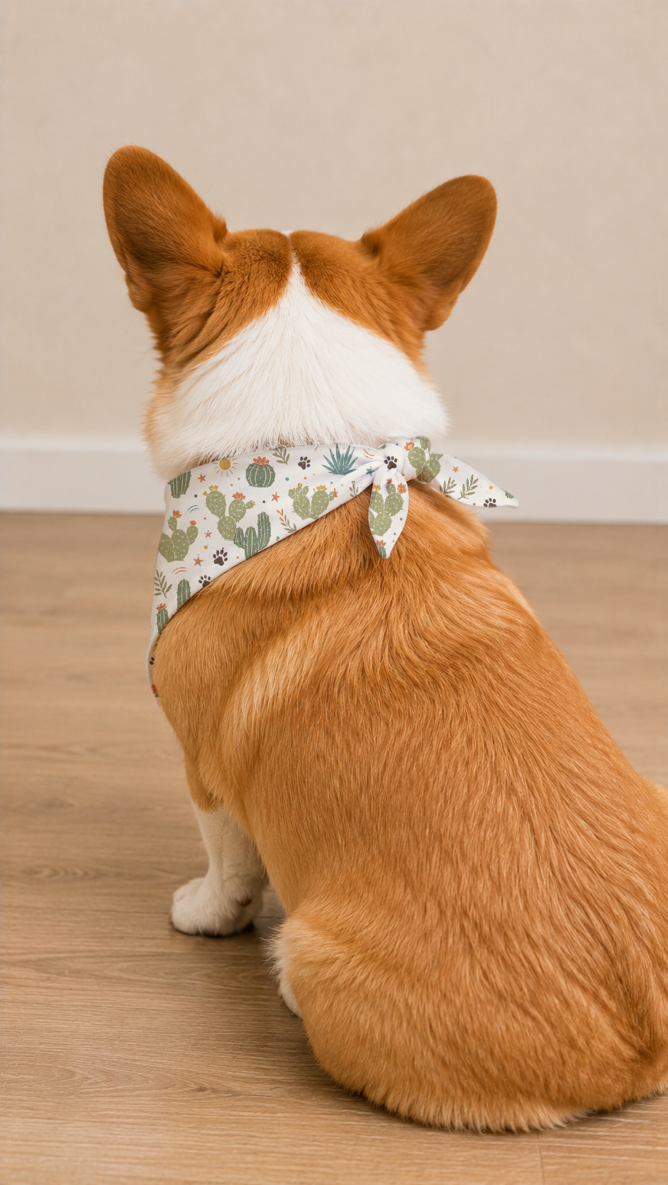 Corgi wearing a Desert Cactus Dog Bandana in a back view.