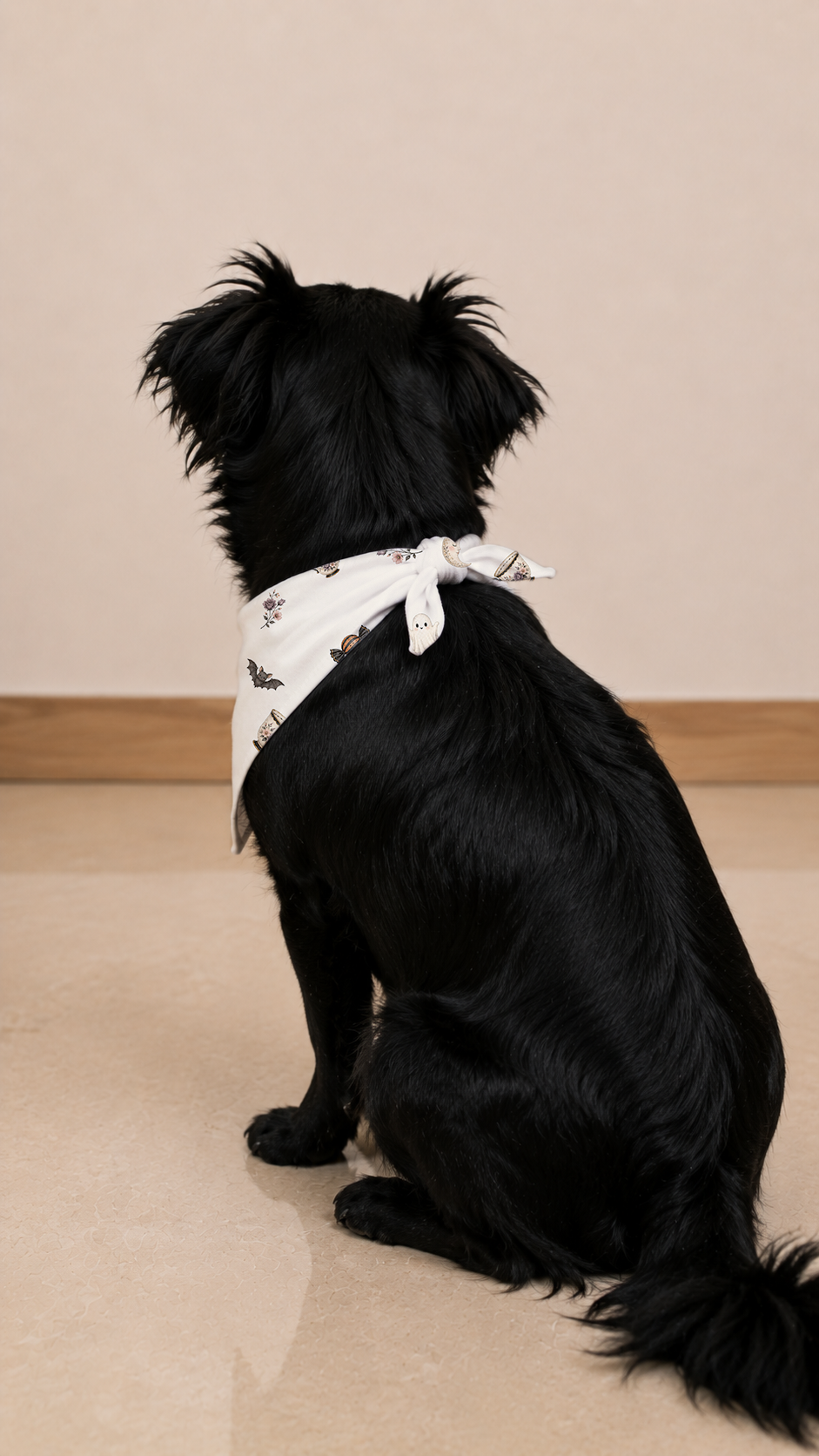A black dog sitting on a beige tiled floor, wearing a white bandana with a small butterfly pattern tied around its neck.