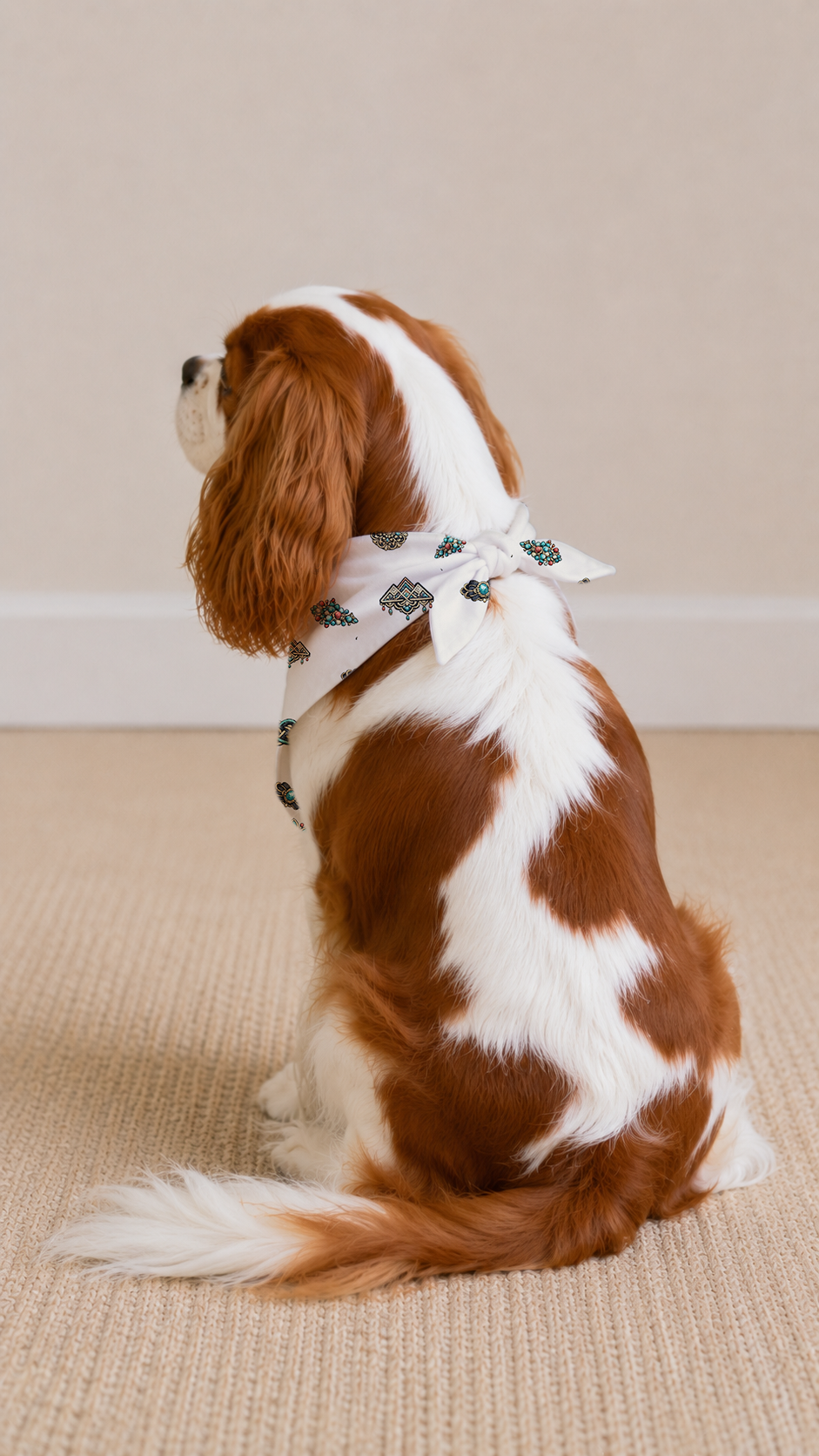 A Cavalier King Charles Spaniel dog sits on a beige carpeted floor against a neutral beige wall, wearing a white bandana with a green leaf pattern.