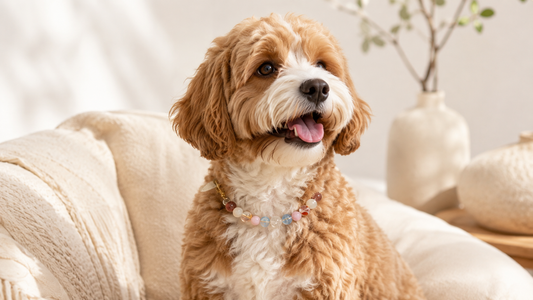 Dog wearing a colorful beaded decorative collar in a warm editorial setting