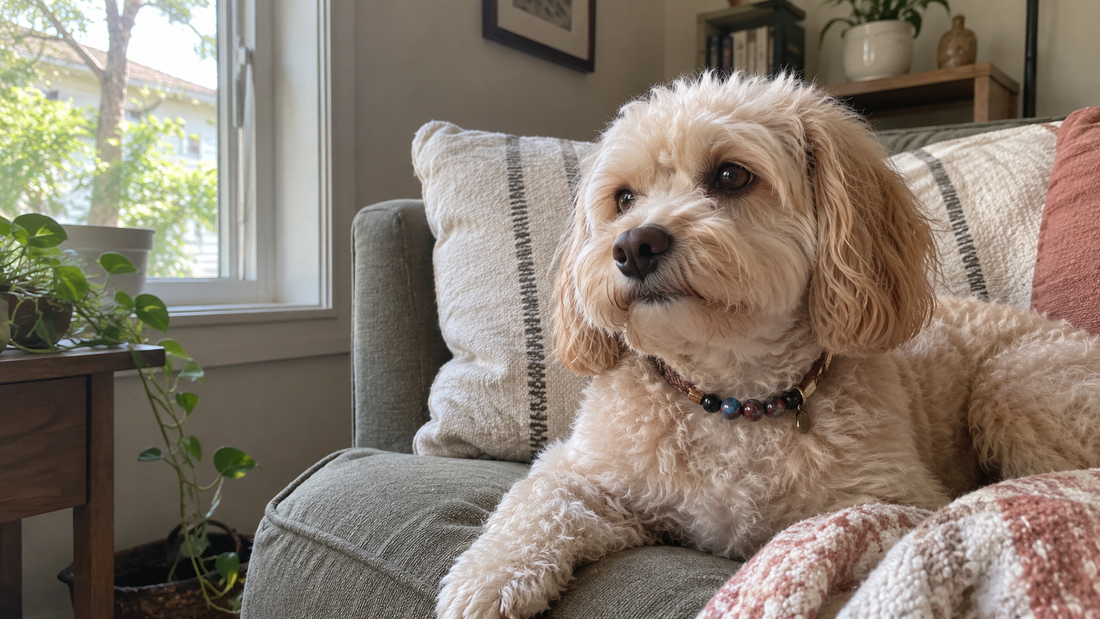 Small dog wearing colorful beaded pet jewelry in a natural home setting