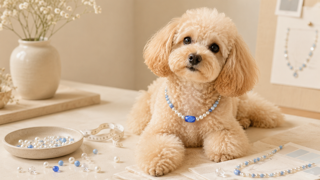 Small dog wearing a beaded pet necklace beside a clean jewelry design workspace