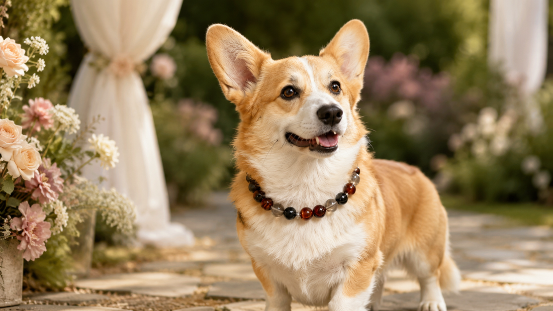 Dog wearing a decorative crystal pet collar at an elegant outdoor wedding setting