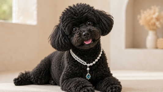 Small dog wearing coordinating beaded pet jewelry for an editorial photoshoot