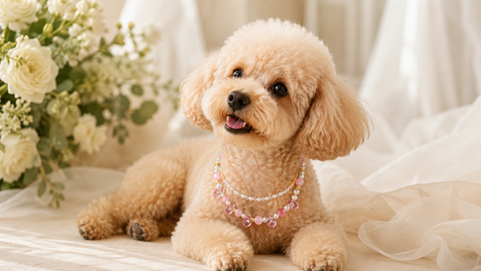 Small dog wearing a pearl-style wedding dog necklace in an elegant cream setting