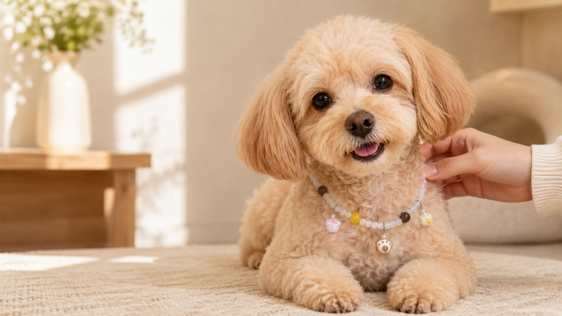 Small dog calmly wearing a decorative beaded pet necklace with supervised styling