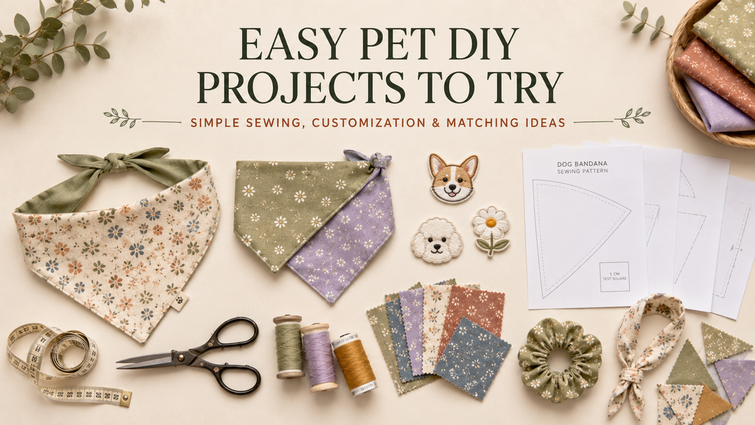 Pet DIY workspace with a dog bandana, printable sewing pattern, embroidered patches, fabric scraps and matching accessories.