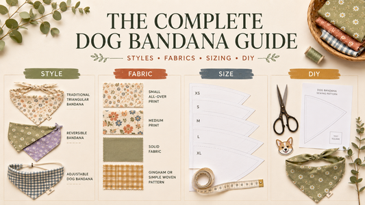 Dog bandana guide showing different styles, fabric choices, printable sizes and DIY sewing materials.