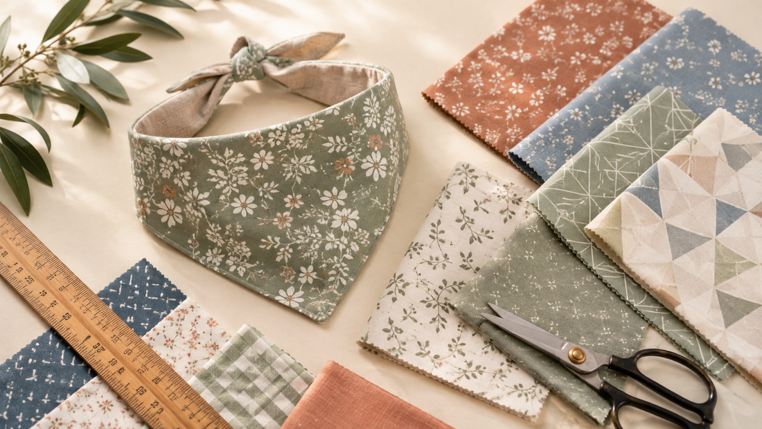 Dog bandana pattern ideas with printed fabric swatches and handmade pet accessory design inspiration