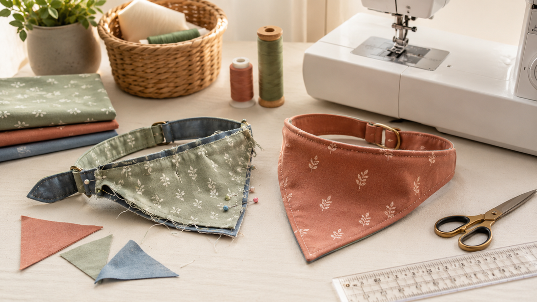 Beginner dog bandana sewing project showing fabric pieces, sewing tools, and finished pet accessory