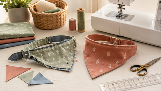 Beginner dog bandana sewing project showing fabric pieces, sewing tools, and finished pet accessory