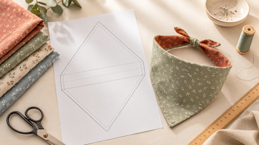 Free printable dog bandana pattern with sewing template, fabric pieces, and beginner DIY pet sewing project