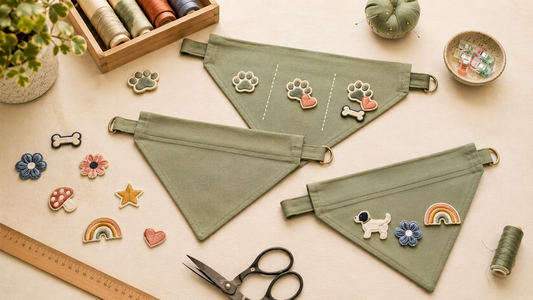 Dog bandana customization with embroidered patches showing different patch placement ideas