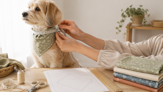 Dog wearing a bandana with measuring tape and sewing pattern for a beginner dog bandana size guide