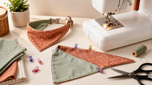 Reversible dog bandana sewing project with fabric pieces, sewing machine, and beginner tutorial supplies