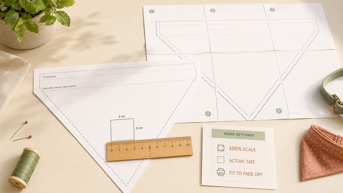 Printable sewing pattern with a ruler checking a 5 cm test square before printing at 100 percent scale.
