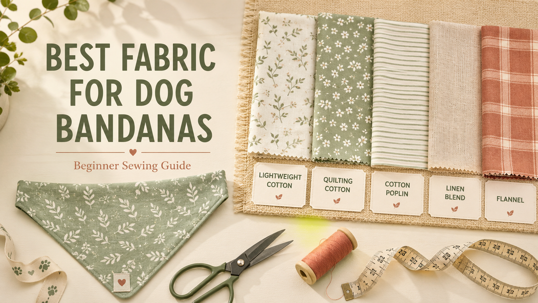 Cotton, quilting cotton, linen blend and flannel fabric swatches beside a dog bandana for a beginner fabric guide.