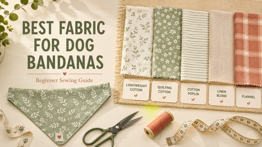 Cotton, quilting cotton, linen blend and flannel fabric swatches beside a dog bandana for a beginner fabric guide.
