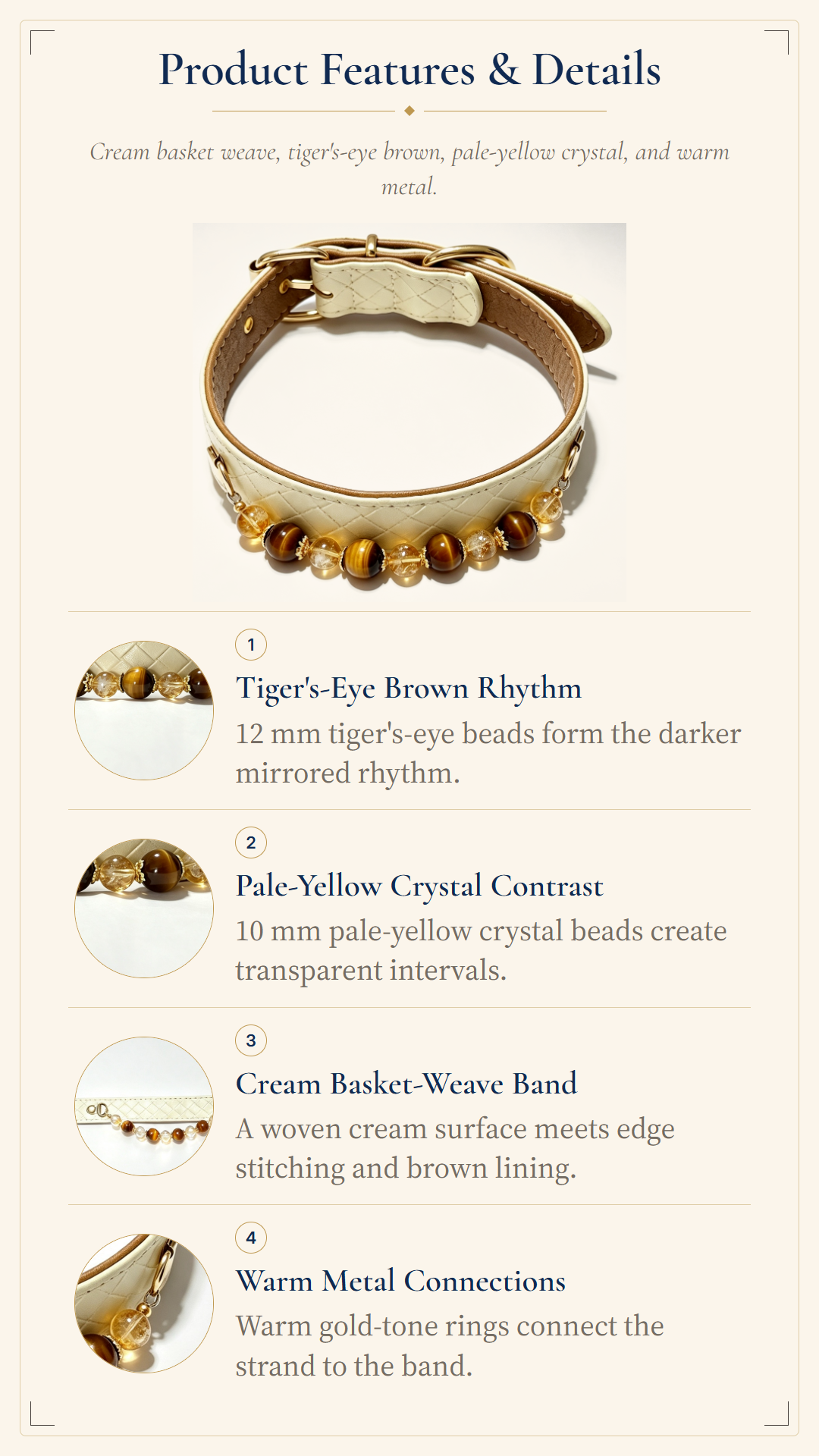 An informational product features graphic for a beaded collar, showing a product photo at the top and four numbered feature callouts with text on a cream background.