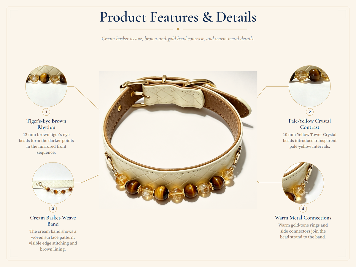 Tiger's Eye Crystal Pet Collar – Yellow Crystal & Cream Basket-Weave Band