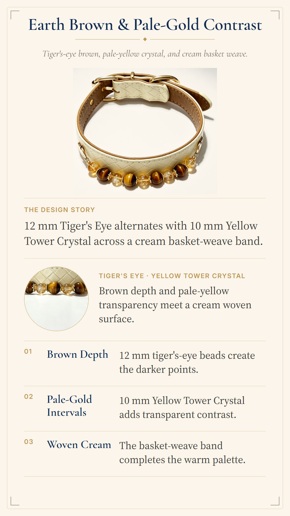 Tiger's Eye Crystal Pet Collar – Yellow Crystal & Cream Basket-Weave Band