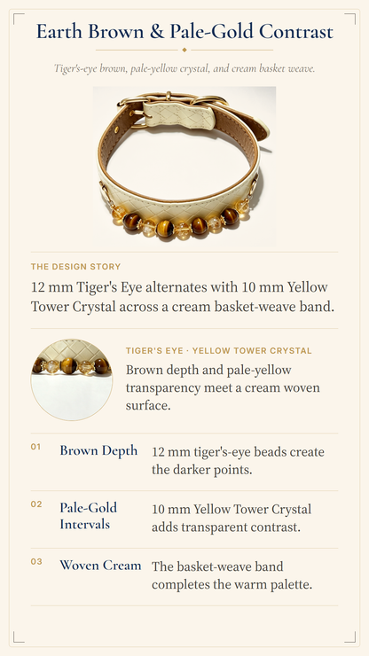 An informational product graphic for a bracelet, showing a cream basket-weave band with alternating tiger-eye and pale-yellow crystal beads. The layout includes the title 'Earth Brown & Pale-Gold Contrast,' a small product photo, a design story, and three labeled design points on a light beige background.