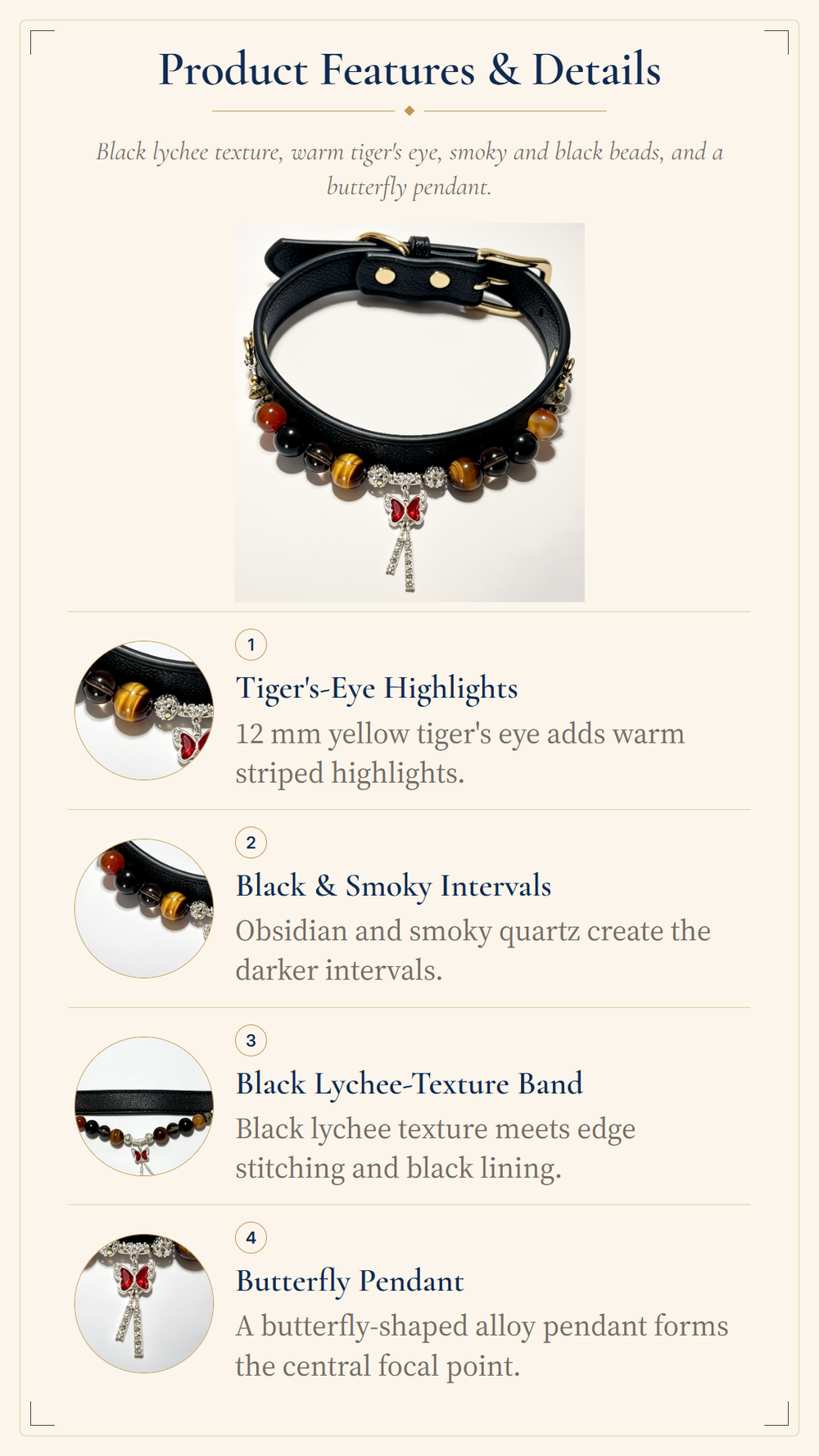 Tiger's Eye Crystal Dog Collar with Smoky Quartz, Black Obsidian & Agate Beads