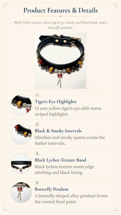 Product features and details graphic for a black beaded collar, showing a product photo at the top and four numbered callouts with text describing tiger-eye highlights, black and smoky quartz intervals, the black lychee-texture band, and a butterfly pendant.