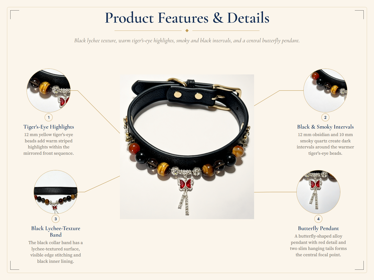 Tiger's Eye Crystal Dog Collar with Smoky Quartz, Black Obsidian & Agate Beads