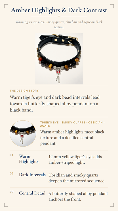 A product information graphic for a black beaded collar with amber and smoky quartz details. The image includes a product photo of the collar, descriptive text about its design, and a feature list highlighting warm amber highlights, dark intervals, and a central butterfly-shaped pendant.
