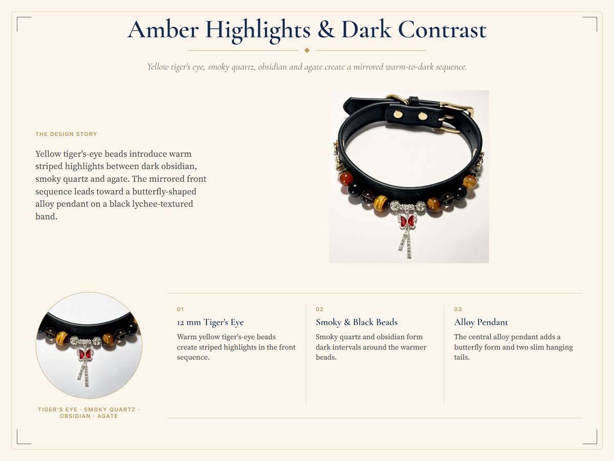 Tiger's Eye Crystal Dog Collar with Smoky Quartz, Black Obsidian & Agate Beads