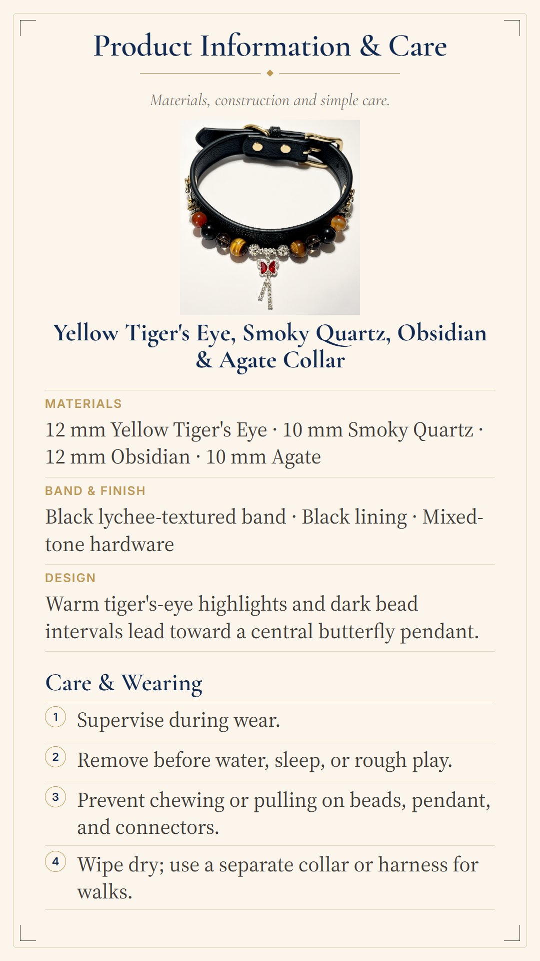 Product information card for a beaded collar, featuring a product photo of a black collar with yellow tiger's eye and smoky quartz beads, along with material and care details on a cream background.