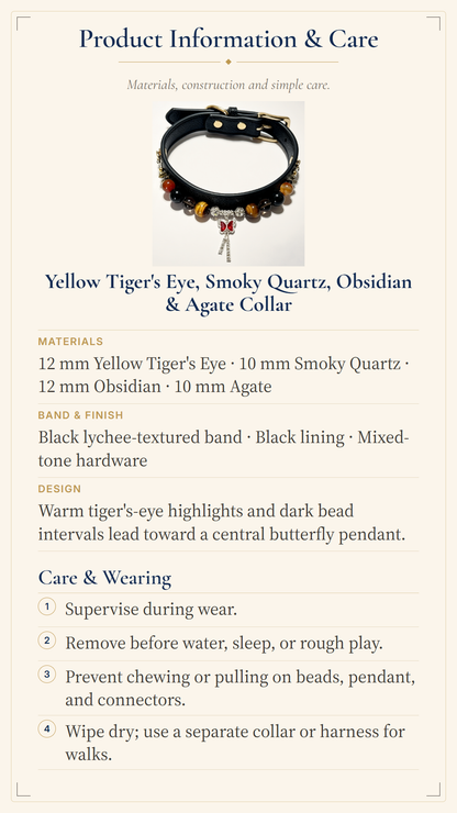 Product information card for a beaded collar, featuring a product photo of a black collar with yellow tiger's eye and smoky quartz beads, along with material and care details on a cream background.