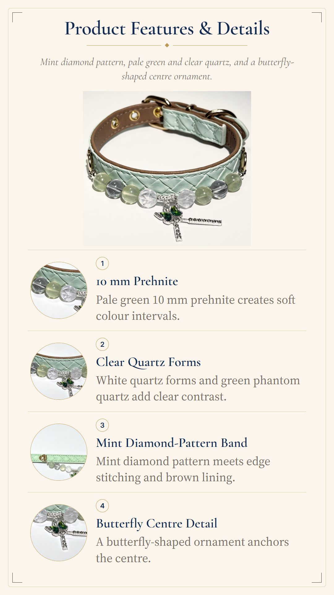 A product features and details page for a mint green diamond-patterned collar. The page features a main product photo of the collar at the top, and four numbered text and image callouts detailing its features: 10 mm prehnite, clear quartz forms, a mint diamond-patterned band, and a butterfly center detail.