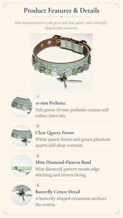 A product features and details page for a mint green diamond-patterned collar. The page features a main product photo of the collar at the top, and four numbered text and image callouts detailing its features: 10 mm prehnite, clear quartz forms, a mint diamond-patterned band, and a butterfly center detail.