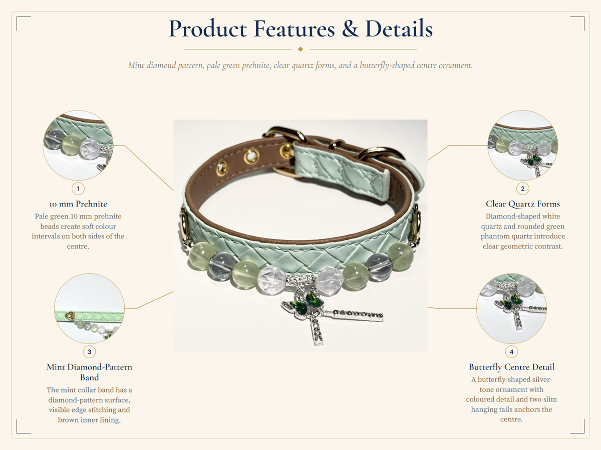 Prehnite Crystal Pet Collar – White Quartz, Green Phantom Quartz & Butterfly Detail