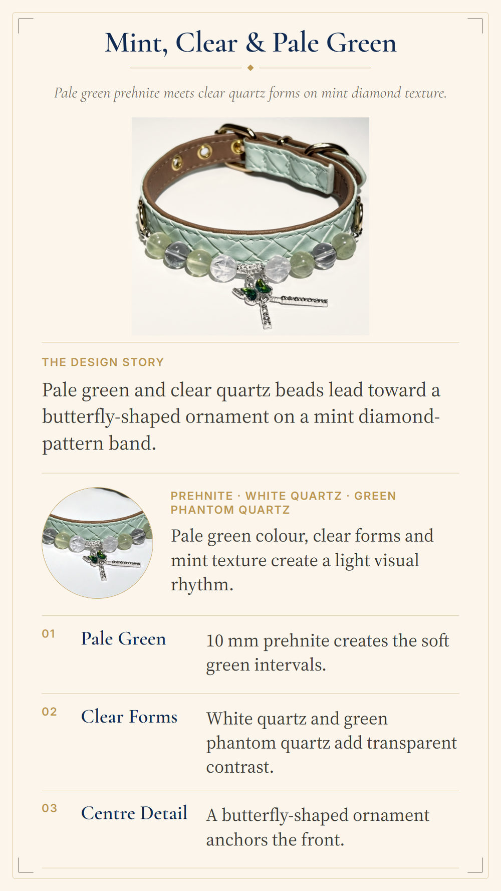 Prehnite Crystal Pet Collar – White Quartz, Green Phantom Quartz & Butterfly Detail