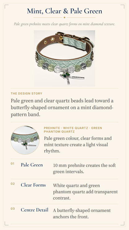 An informational product graphic for a mint, clear, and pale green beaded bracelet or necklace. It shows a product photo at the top, a butterfly-shaped ornament photo in the middle, and three design-point text blocks at the bottom explaining the pale green, clear forms, and butterfly center detail.