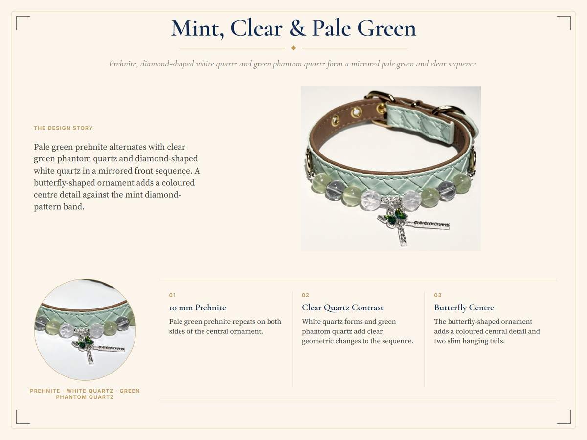 Prehnite Crystal Pet Collar – White Quartz, Green Phantom Quartz & Butterfly Detail