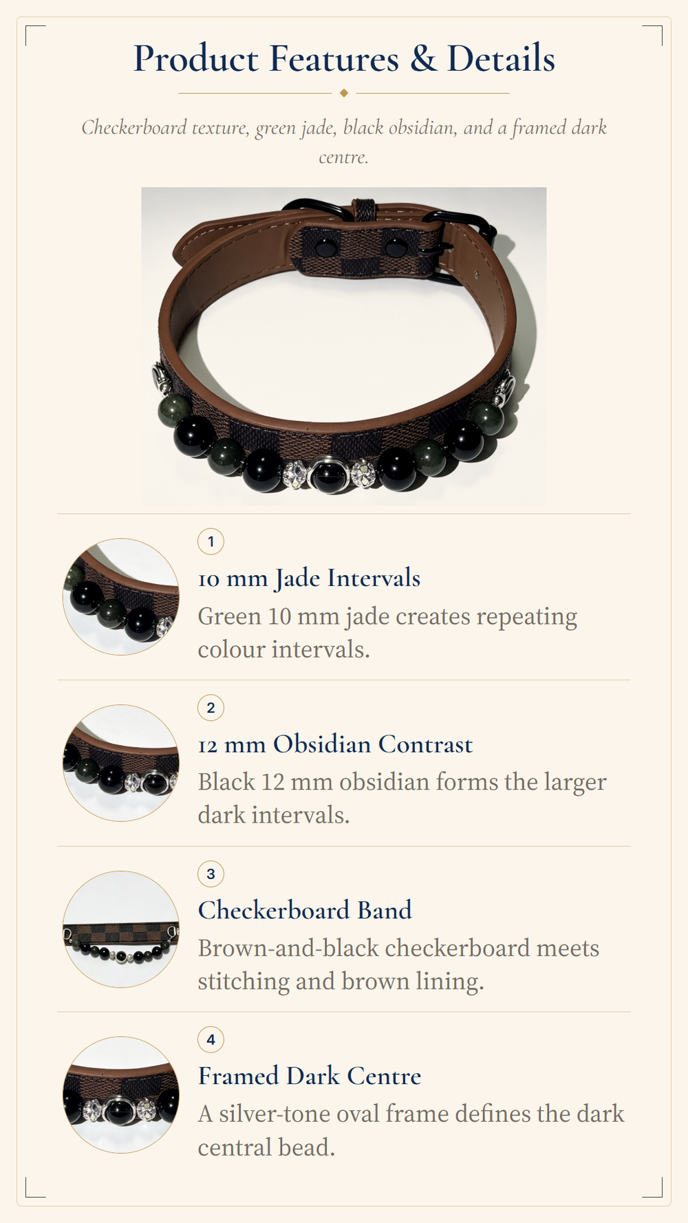 Smoky Quartz Crystal Pet Collar – Obsidian, Jade & Checkerboard Band