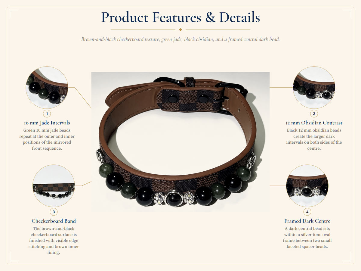 Smoky Quartz Crystal Pet Collar – Obsidian, Jade & Checkerboard Band