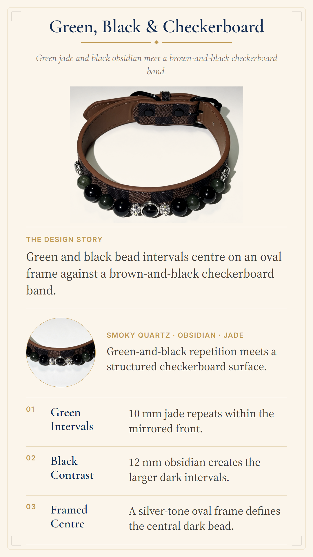 An informational product graphic for a collar, titled 'Green, Black & Checkerboard'. It shows a photo of the collar at the top, a smaller inset detail at left, and three text callouts at the bottom describing the green and black bead intervals and structured checkerboard surface.