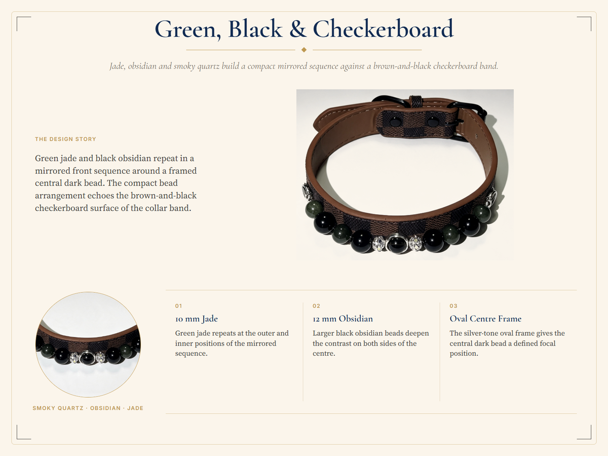 Smoky Quartz Crystal Pet Collar – Obsidian, Jade & Checkerboard Band