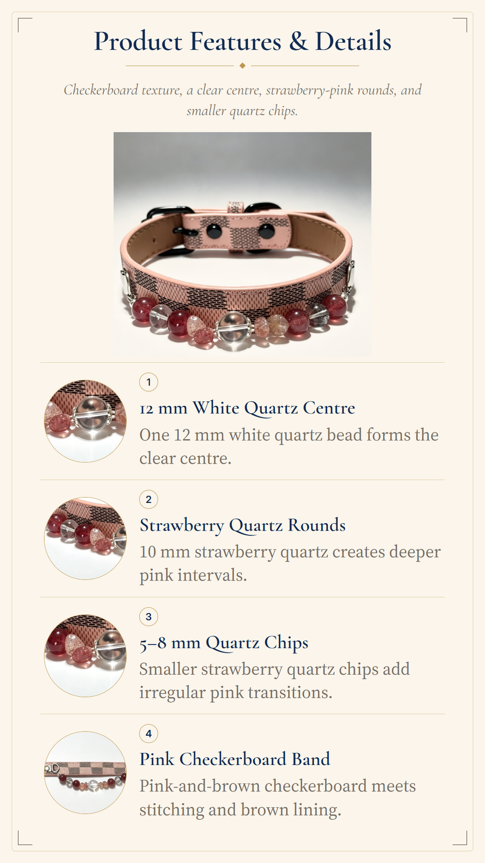 Strawberry Quartz Crystal Pet Collar – White Quartz, Green Phantom Quartz & Pink Checkerboard Band