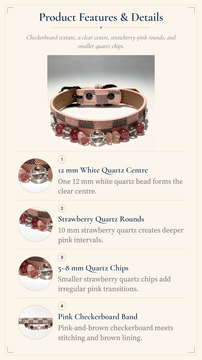 Product features and details graphic for a pink checkerboard beaded collar, showing a photo of the collar and four numbered callouts describing the 12 mm white quartz center, strawberry quartz rounds, 5-8 mm quartz chips, and pink checkerboard band.