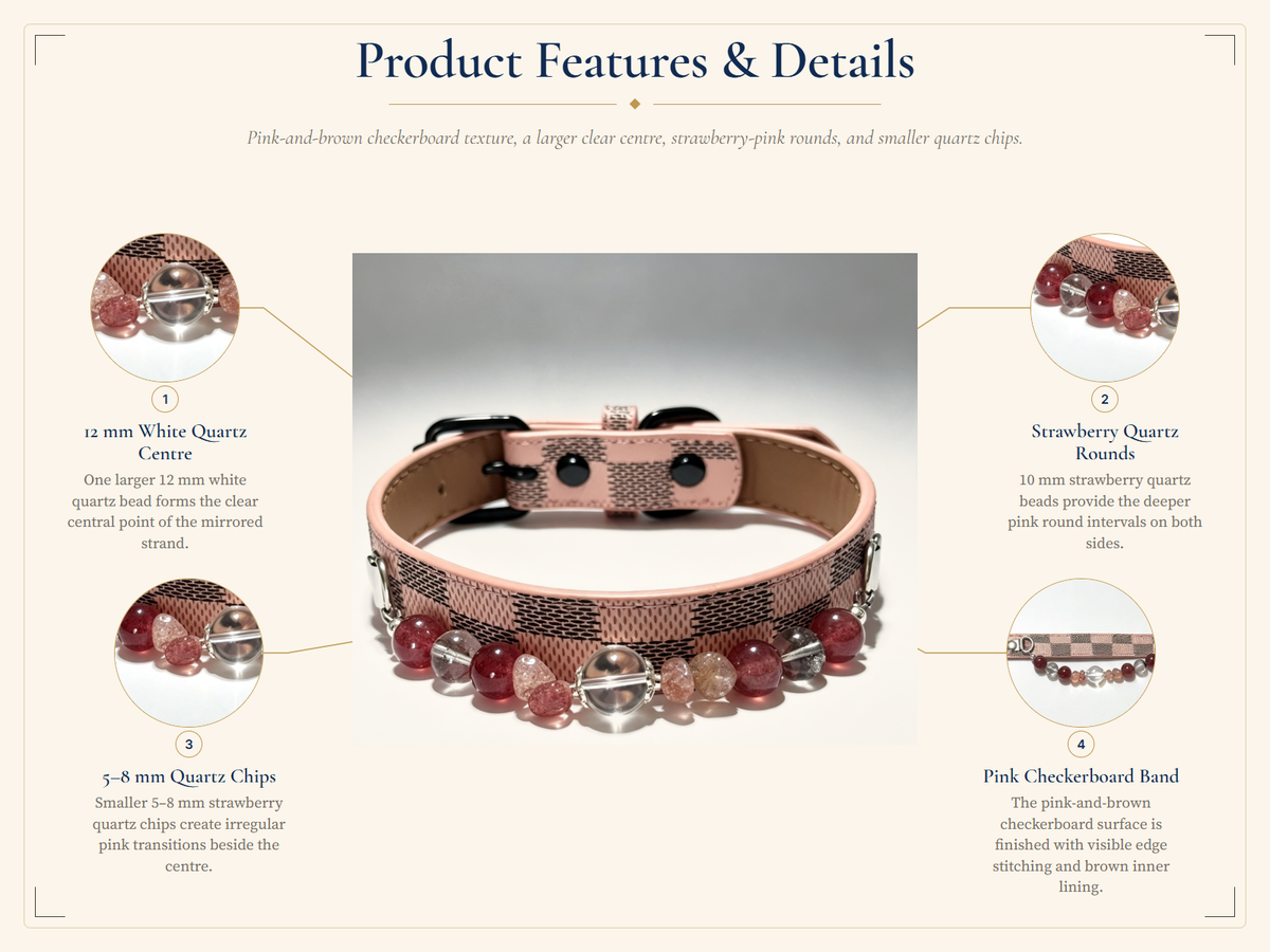 Strawberry Quartz Crystal Pet Collar – White Quartz, Green Phantom Quartz & Pink Checkerboard Band